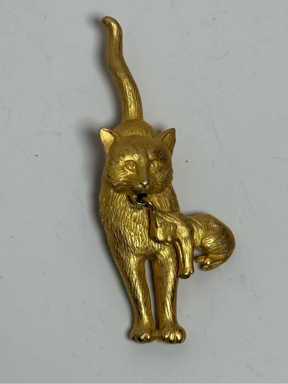 Vintage JJ Gold Cat Figurine Ornament - Decorative Cat with Kitten Brooch